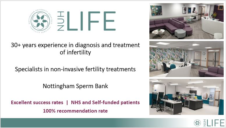 3 images display inside NUH Life's Sperm Bank facility, next to text which reads "30+ years experience in diagnosis and treatment of infertility. Specialists in non-invasive fertility treatments. Nottingham Sperm Bank - excellent success rates, NHS and self-funded patients, 100% recommendation rate